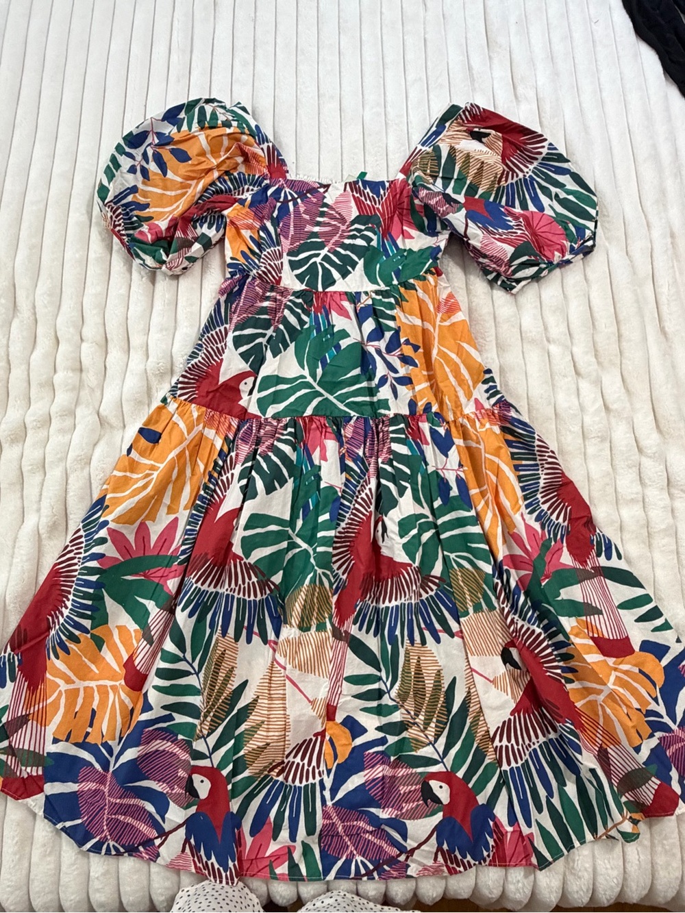 FARM Rio Multicolor Tropical Puff-Sleeve Midi Dress